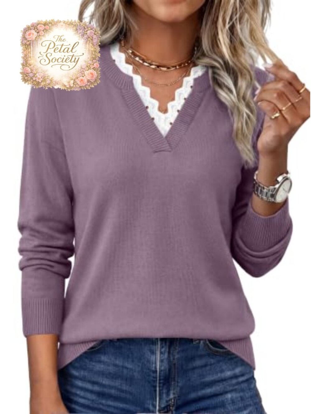 Womens Sweater Long Sleeve V Neck Lace Collar Business Casual Pullover